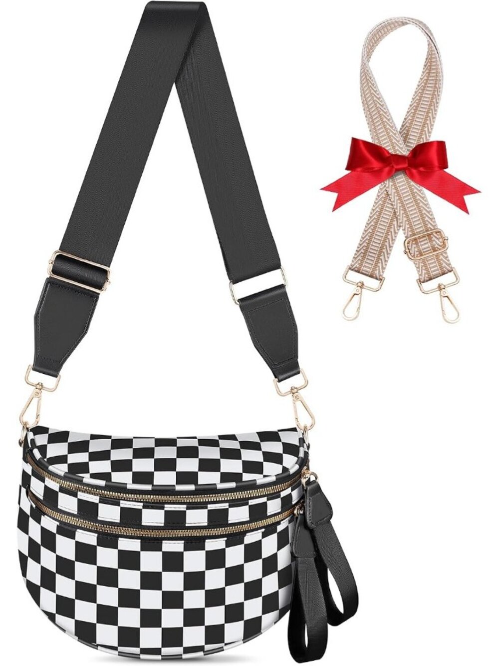 Women's Black White Checkered Crossbody Bum Bag Nylon Belt Purse Wallets Strap
